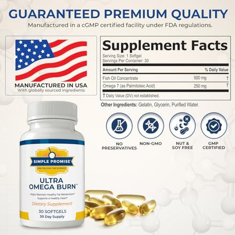 Simple Promise Ultra Omega Burn - Omega-7 Supplement With Pure Palmitoleic Acid - Fish Oil For Metabolism Weight Support & Cardiovascular Health - Healthy Heart Support For Men & Women 30 Softgels