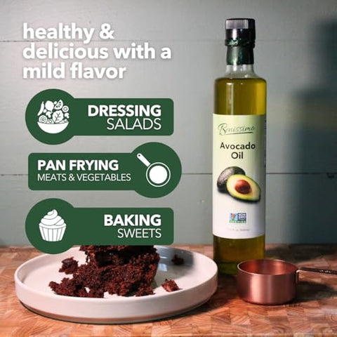 Benissimo 100% Pure Avocado Oil, 500ml Glass Bottle, Allergen-Free and Non-GMO, Premium Cold-Pressed Cooking Oil for Grilling, SautÃƒÂ©ing, Baking, and Salad Dressings