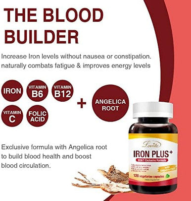 Lovita Iron 18 Mg, 6 In 1 Iron Supplement For Women, Vitamin C, Dong Quai & B12, Vegan Vitamin To Support Red Blood Cell Production Without Constipation, 120 Capsules