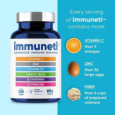 Immuneti - Advanced Immune Defense, 6-In-1 Powerful Blend Of Vitamin C, Vitamin D3, Zinc, Elderberries, Garlic Bulb, Echinacea - Supports Overall Health, Provides Vital Nutrients & Antioxidants
