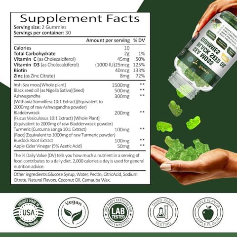 11in1 Sugar Free Sea Moss Gummies with Black Seed Oil Ashwagandha Ginger True Irish Seamoss Advanced and Burdock Root Turmeric Bladderwrack Support Immune Gut Youthful Digestion