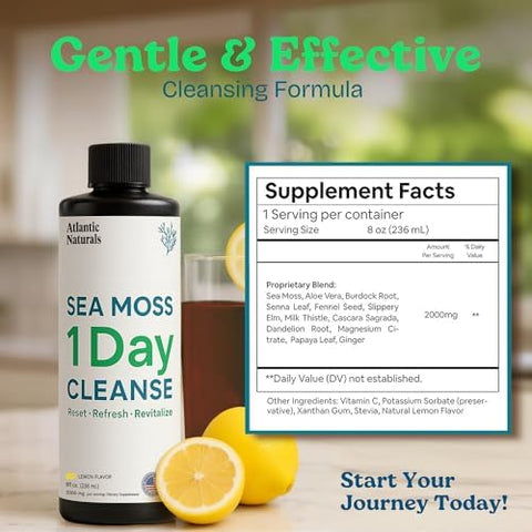 Atlantic Naturals 1 Day Colon Cleanse Full Body Detox Drink Sea Moss Supplement for Women and Men Gut Health Kidney and Liver Immune Energy Enhancer Gut Cleanse Lemon Flavor Juice 8 fl oz