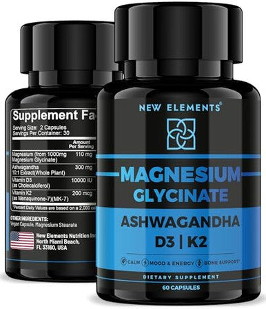 Elements Magnesium Glycinate 1500Mg With Ashwagandha 300Mg + Vitamin D3 10,000 Iu & K2 (Mk-7) 200Mcg - Stress Relief, Calm Mood & Bone Support - High Absorption Vegan Capsules - Non-Gmo