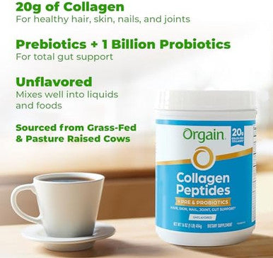 Orgain Hydrolyzed Collagen Peptides + Prebiotic & Probiotics Powder For Women & Men 20G Grass Fed Collagen 1 Billion Cfu Supports Digestive Hair Skin & Joint Health Nongmo Type I & Iii 1Lb