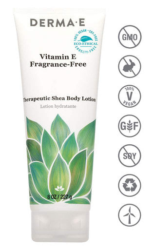 DERMA E Vitamin E Fragrance Free Therapeutic Shea Body Lotion Natural Moisturizer for Sensitive Skin Unscented Soothing Moisturizing Cream, 8 oz