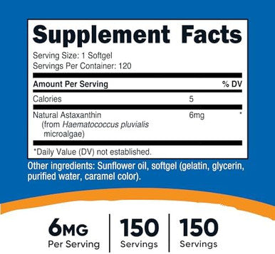 Nutricost Astaxanthin 6Mg Nongmo And Gluten 120 Softgels (4 Month Supply)