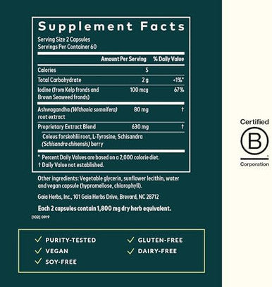 Gaia Herbs Thyroid Support Made With Ashwagandha Kelp Brown Seaweed And Schisandra To Support Healthy Metabolic Balance And Overall Wellbeing 120 Vegan Liquid Phytocapsules (40Day Supply)