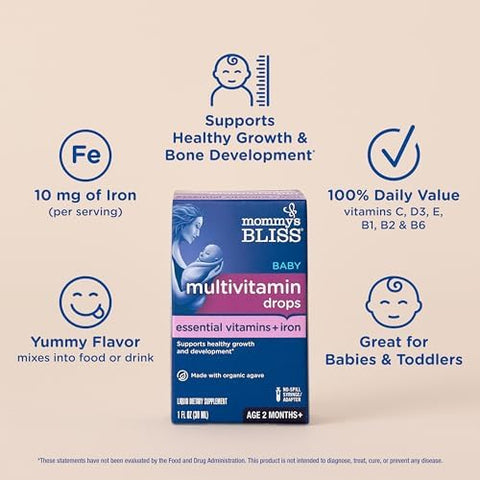 Mommys Bliss Baby Multivitamin + Iron Daily Essential Vitamins for Immune Support Healthy Growth and Bone Development Age 2 Months+ 30 ml Liquid
