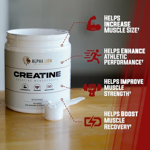Alpha Lion Creatine Monohydrate Powder 5000Mg Per Serving (5G) Supports Muscle Strength Power Athletic Performance Pure Creatina Monohydrata En Polvo Supplement (60 Servings Unflavored)