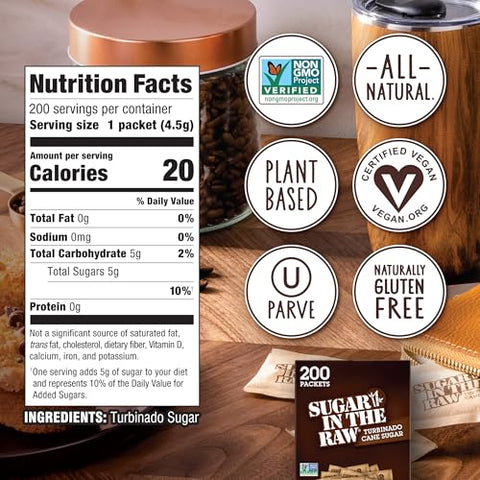 In the Raw Sugar and Stevia Sweetener Bundle 200 Turbinado Sugar Packets + 200 Stevia Packets (2 Piece Set)