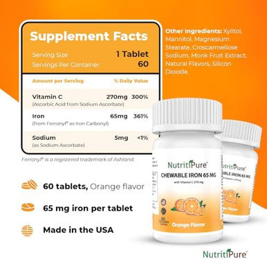 Chewable Iron 65 Mg With Vitamin C 270 Mg - Tablet In Orange Flavor 60 Count