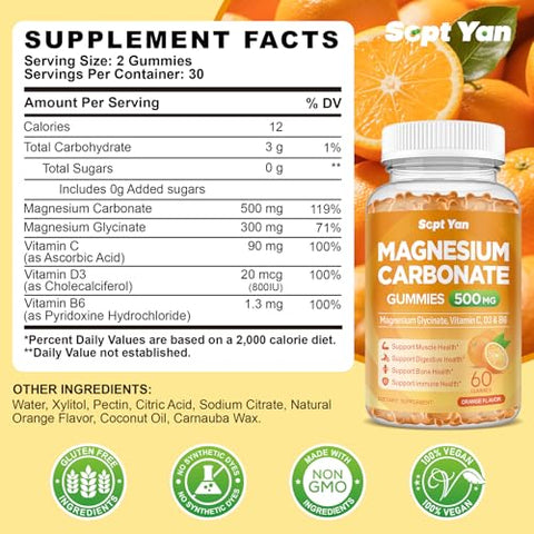 Sept Yan Magnesium Carbonate Gummies 500Mg Magnesium Supplement With Vitamin C D3 & B6 For Muscle Bone Digestive & Immune Support Orange Flavor Sugar Free Vegan 60 Count
