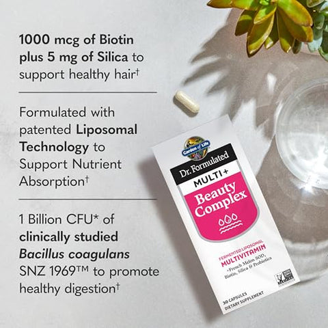 Garden Of Life Dr Formulated Multi Beauty Complex Fermented Liposomal Multivitamin Plus Hair Skin And Nails Vitamins French Melon Sod Biotin & Probiotics 30 Capsules Supplement For Women & Men