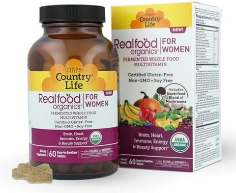 Country Life Realfood Organics Women's Multivitamin USDA Organic Vegan GlutenFree 1300mg Fermented Whole Foods Vitamins D E B Folate and Biotin Daily Energy and Beauty 60 Tablets