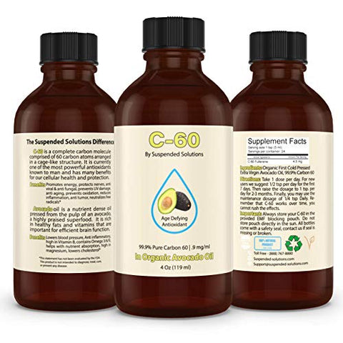 Suspended Solutions - C-60 Avocado - 4oz -99.9% Pure C-60 In Organic Extra Virgin Avocado Oil - 100% Solvent Free - 108mg Active C60 - Glass Bottle - Carbon 60