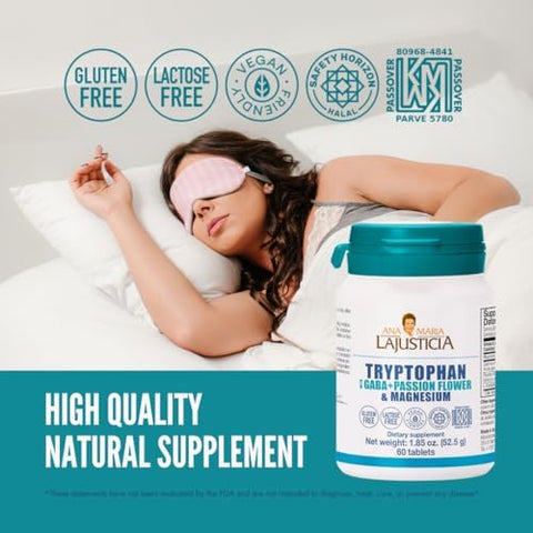 Ana Maria Lajusticia Tryptophan with GABA and Passion Flower and Magnesium Kosher Halal Vegan Gluten Supports Nervous System
