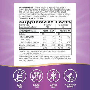 Nature'S Way Zinc Gummies, Daily Immune Support Gummies, 100% Daily Value Zinc Per Gummy, Mixed Berry Flavored, 120 Gummies (Packaging May Vary)