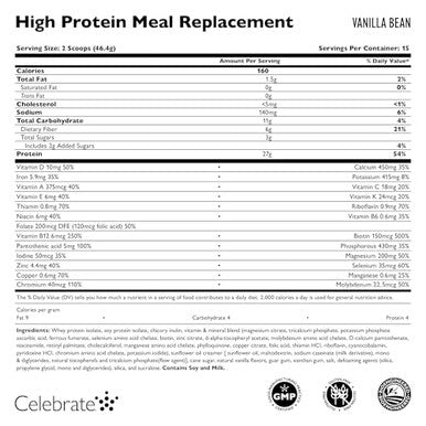 Celebrate Vitamins High Protein Meal Replacement Shake, 27 G Protein Powder, 6 G Of Fiber, For Post-Bariatric Surgery Patients, Vanilla Bean, 15 Servings