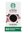 Starbucks VIA Instant Coffee, Dark Roast Coffee, Italian Roast, 100% Arabica, Single-Serve, 1 Box (50 Packets) | 100% Arabica instant coffee packets; Italian Roast dark roast; 1 box, 50 packets