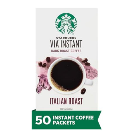 Starbucks VIA Instant Coffee, Dark Roast Coffee, Italian Roast, 100% Arabica, Single-Serve, 1 Box (50 Packets) | 100% Arabica instant coffee packets; Italian Roast dark roast; 1 box, 50 packets