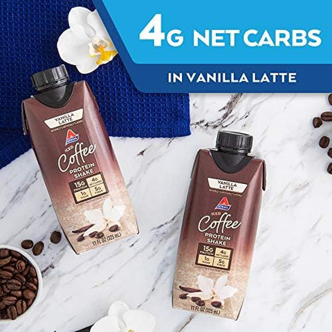Atkins Iced Coffee Vanilla Latte Protein Shake 15G Protein & Strawberry Protein Shake 15G Protein Low Glycemic 2G Net Carb 1G Sugar Keto Friendly 12 Count