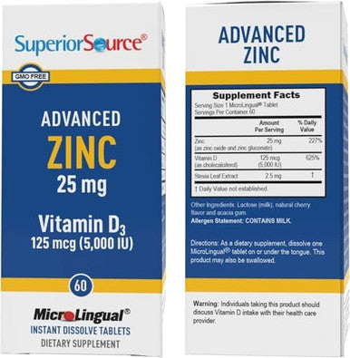 Superior Source Advanced Zinc, With Zinc (25 Mg) And D3 (5,000 Iu), Quick Dissolve Microlingual Tablets, 60 Ct, Promotes A Healthy Immune System, Non-Gmo