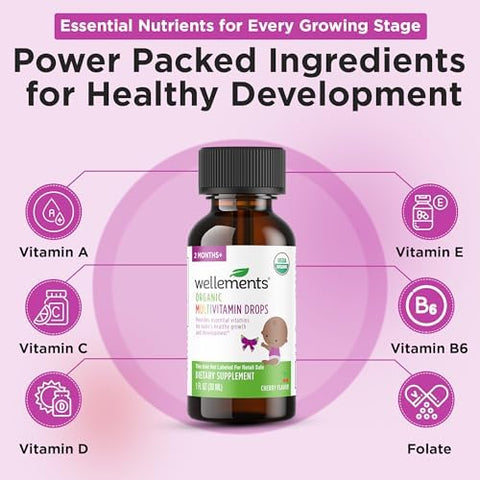 Wellements Organic Baby Multivitamin Drops (1 Fl Oz) Cherry Flavor Liquid Multivitamins for Infants and Toddlers (2 Months+) Toddler Vitamins for Immune Support* Healthy Growth and Bone Development*