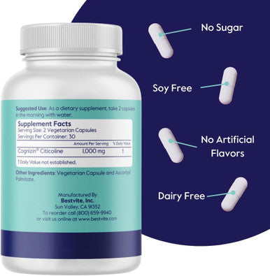Bestvite Cognizin Citicoline 500mg (60 Vegetarian Capsules) - Clinically Studied Form of Citicoline - No Stearates - Vegan - Non GMO - Gluten - Brain Supplements for Memory and Focus