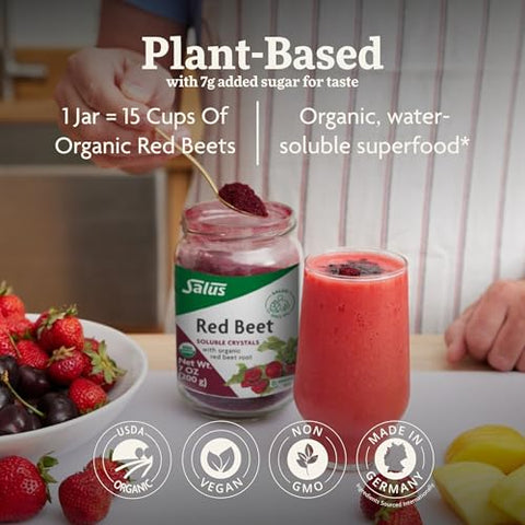 Floradix Salus Red Beet Crystals - Organic Nutritional Beet Root Powder Mix - Superfood Powder Supplement With Vitamin C Folate Magnesium & Potassium 7 Oz