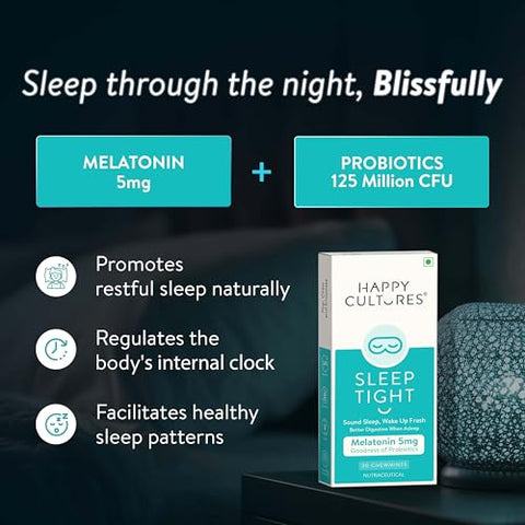 Velbiom Happy Cultures Sleep Tight Melatonin 5Mg With Probiotics Bacillus Coagulans Sleep Deeper & Wake Up Refreshed & Natural Clinically Tested Helps Gas Relief Indigestion 30 Chewmints