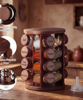 Yungyan Acacia Wood Brown Rotating Spice Rack Seasoning Organizer with 16 Empty Jars, Spice Containers Set with Labels and Funnel, Revolving Seasoning Rack for Kitchen Accessories