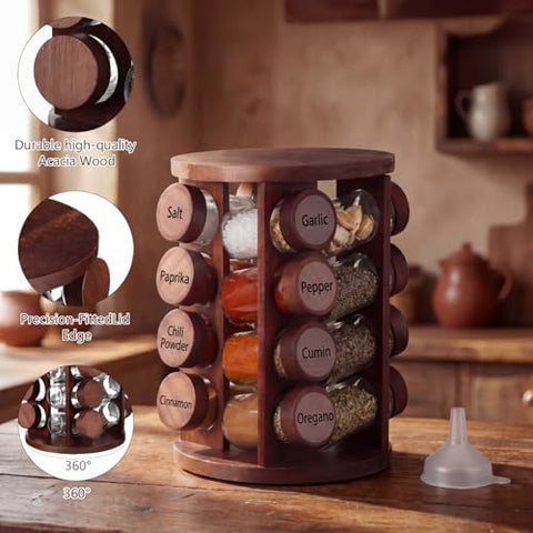 Yungyan Acacia Wood Brown Rotating Spice Rack Seasoning Organizer with 16 Empty Jars, Spice Containers Set with Labels and Funnel, Revolving Seasoning Rack for Kitchen Accessories