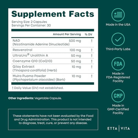 Etta Vita Liposomal Nad Supplement - Resveratrol Urolithin A Coq10 & Muira Puama (Made In Usa) Nad Supplement For Natural Energy Brain Fog Digestion Detox Gut Health Microbiome Nr Nmn Replacement