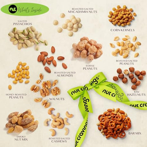 NUT CRAVINGS - Purim Mishloach Manot Mixed Nuts Gift Basket in Reusable Diamond Wooden Tray + Green Ribbon (12 Assortments) Ramadan Gifts Treats for Adults, Healthy Snack Care Package, Kosher