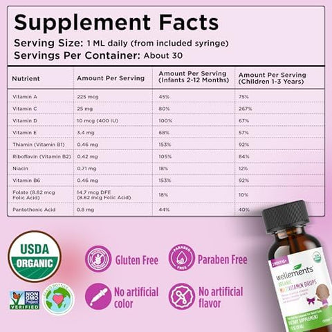 Wellements Organic Baby Multivitamin Drops (1 Fl Oz) Cherry Flavor Liquid Multivitamins for Infants and Toddlers (2 Months+) Toddler Vitamins for Immune Support* Healthy Growth and Bone Development*