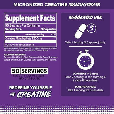 Finaflex Pure Creatine 150 Capsules Promotes Muscular Strength Size & Performance 100% Pure Micronized Creatine Monohydrate 50 Servings