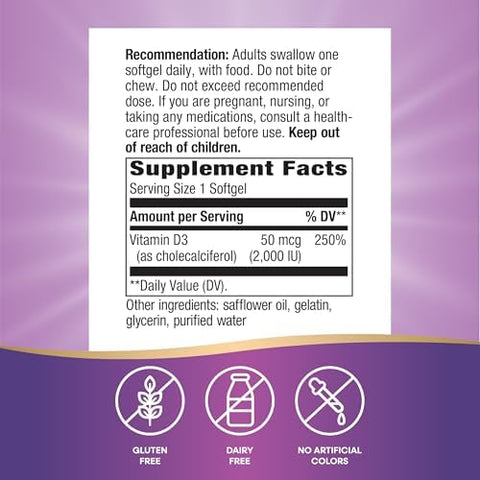 NatureS Way Vitamin D3 Bone Health And Immune Function 2000 Iu (50 Mcg Per Serving) 120 Softgels (Packaging May Vary)