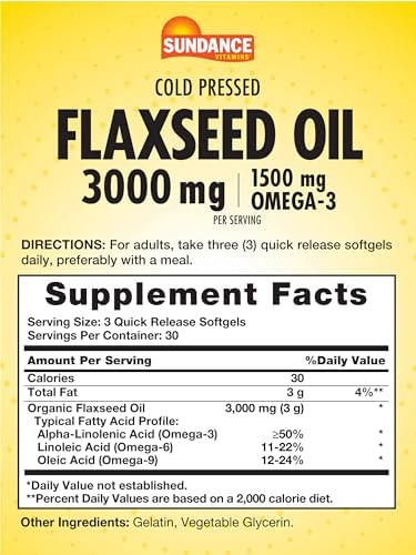 Sundance Flaxseed Oil 3000Mg 90 Softgels With 1500Mg Omega3 Cold Pressed Nongmo And Gluten Supplement