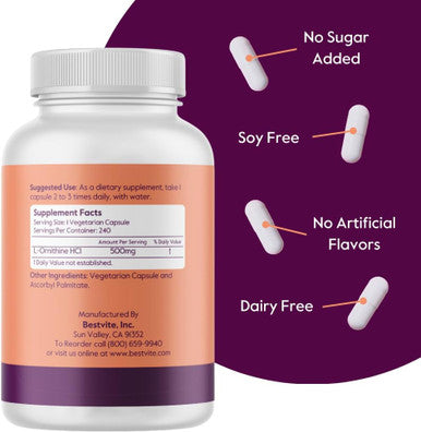 Bestvite L-Ornithine 500mg (240 Vegetarian Capsules) - No Stearates - No Fillers - Vegan - Non GMO - Gluten