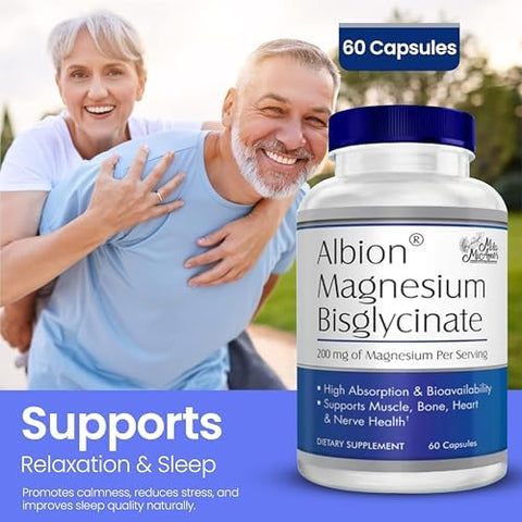 MilaMiAmor Albion Magnesium Bisglycinate Highly Absorbable Chelated Magnesium for Muscle Nerve Relaxation and Sleep Support Gentle on Stomach Vegan 200mg per Serving 60 Capsules