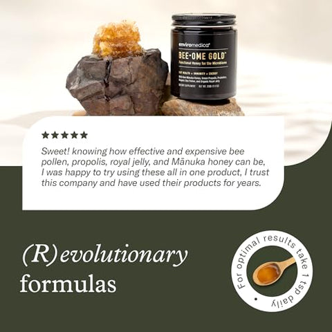 Bee-Ome Gold by Enviromedica - Unpasteurized Raw Manuka Honey with Probiotics, Royal Jelly, Bee Pollen & Propolis, Functional Superfood Honey, 7.4oz