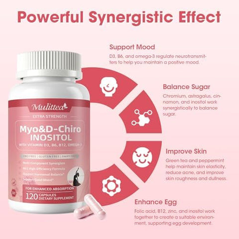 Mulittea MyoInositol and DChiro Supplement for Women 14in1 Liposomal Inositol with Folic AcidOmega3 and Multivitamin for Hormone BalanceSupport OvarianSkin and Mood 40: 1 Vegan 120 Capsules