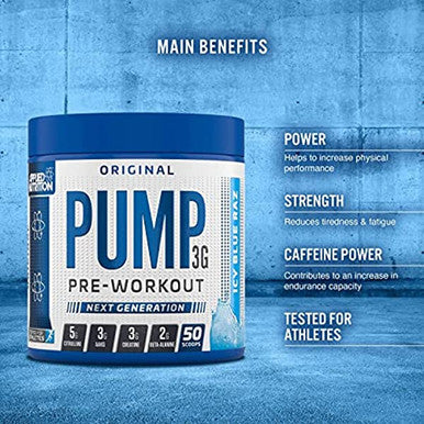 Applied Nutrition Pump 3G Pre Workout Energy Drink Focus and Performance Creatine Monohydrate AAKG Citrulline Beta Alanine Caffeine Vitamin B Gold Complex 375g Standard 50 Servings (ICY Blue Raz)