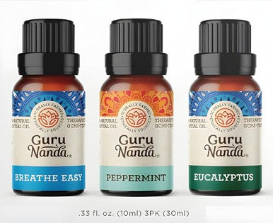 Gurunanda Breathe Essential Oil Set 3-Pack Aromatherapy Oils For Diffusers Massages & Diy Recipes Peppermint Eucalyptus & Breath Easy 100 Pure Natural & Undiluted (3 X 0.34 Fl Oz)