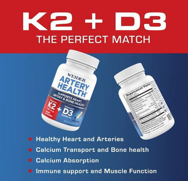 Artery Health for Heart Immune and Bone Support with Vitamin K2 180mcg Vitamin D3 5000iu 30 Veggie Capsules