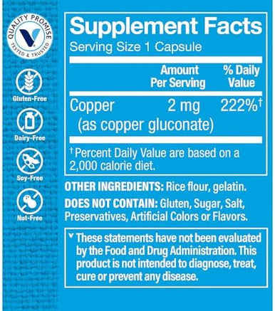 The Vitamin Shoppe Copper 2Mg (Copper Gluconate) Supplement - Essential Antioxidant For Iron Metabolism & Immune Support - Once Daily Mineral For Overall Health (100 Capsules)