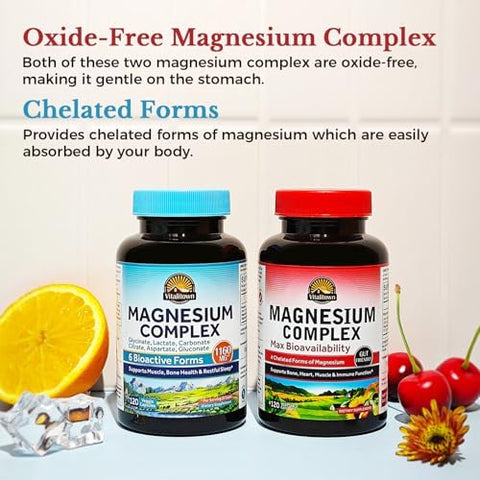 Vitalitown Magnesium Bundle (Pack Of 2) 4-In-1 & 6-In-1 Magnesium Complex For Bone & Muscle Magnesium Glycinate Magnesium Citrate 120 Magnesium Capsules