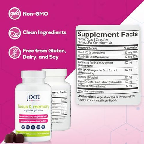 Just Thrive Focus & Memory Gummies â€“ Nootropic Brain Supplement For Clarity Concentration Memory Support & Energy â€“ Citicoline Lionâ€™S Mane Vitamin B12 & D3