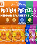 Crisp Power Cheddar & Variety Duo Protein Pretzel Snack Pack (6 Bags) " Savory Cheddar & Variety Mix " Up To 28G Protein Per Pack Low Carb Vegan Plantbased Keto Baked Savory Pretzel Bites