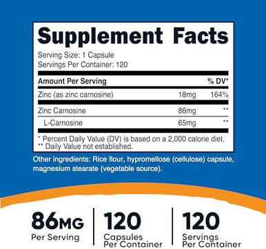 Nutricost Zinc Carnosine 86Mg 120 Capsules Nongmo Gluten Zinc Lcarnosine Supplement